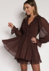 Ciemnobrązowa Rozkloszowana Sukienka z Falbankami i Siateczkowymi Rękawami Zennisa. Brązowe sukienki damskie Born2be, bez wzorów, z poliesteru, biznesowe, bez ramiączek. Za 149.99 zł.