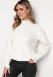 Biały Sweter Dzianinowy z Długim Rękawem i Guzikami Omes. Białe swetry klasyczne damskie Born2be, z dzianiny, bez kołnierzyka. Za 129.99 zł.