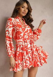 Pomarańczowa Sukienka Mini o Rozkloszowanym Fasonie z Paskiem i Oryginalnym Wzorem Grinia. Brązowe sukienki damskie Renee, bez wzorów, bez ramiączek. Za 139.99 zł.