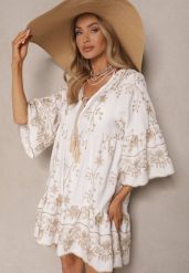Biała Sukienka Oversize w Stylu Boho z Wiskozą Zdobiona Haftem Zenhiria. Białe sukienki damskie Renee, z aplikacjami, z wiskozy, boho, bez ramiączek. W wyprzedaży za 83.99 zł.