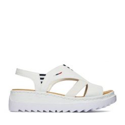 Sandały Rieker. Białe sandały damskie Rieker, bez wzorów, bez obcasa, na koturnie, bez zapięcia. Za 319.99 zł.