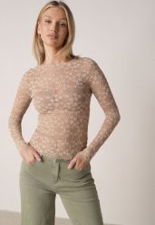 Beżowa Bluzka Koronkowa z Transparentnego Materiału Hermatea. Brązowe bluzki damskie Born2be, m, bez wzorów, z jeansu, eleganckie, bez kołnierzyka, bez ramiączek. Za 79.99 zł.