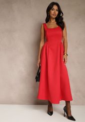 Czerwona Sukienka o Rozkloszowanym Kroju na Szerokich Ramiączkach Retelina. Czerwone sukienki damskie Renee, bez wzorów, eleganckie, bez ramiączek. Za 159.99 zł.