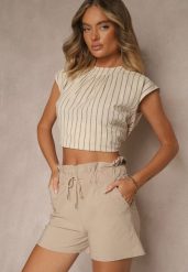 Beżowe Szorty z Bawełną High Waist z Ozdobnym Sznurkiem Axemia. Brązowe szorty damskie Renee, bez wzorów, z bawełny, z podwyższonym stanem. Za 44.99 zł.