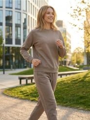 Dresowe spodnie jogger terry - brązowy. Brązowe spodnie sportowe damskie Sinsay, l, bez wzorów, z dresówki, na fitness i siłownię. Za 29.99 zł.