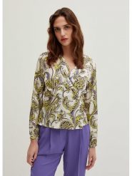 STEFANEL Bluzka w kolorze biało-żółto-fioletowym rozmiar: 44. Białe bluzki damskie Stefanel, bez wzorów, z wiskozy, retro, bez kołnierzyka, bez ramiączek. Za 100.52 zł.