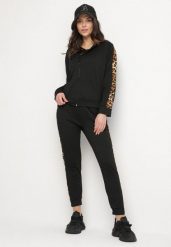 Czarny Komplet Dresowy Bluza i Spodnie ze Zdobieniami w Panterkę Solhiris. Czarne bluzy damskie Born2be, m, z aplikacjami, z bawełny, z kapturem. Za 84.99 zł.