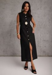 Czarna Sukienka z Wiskozą i Lnem w Eleganckim Stylu z Paskiem z Ozdobą Coritia. Czarne sukienki damskie Renee, z aplikacjami, z tkaniny, eleganckie, bez ramiączek. Za 149.99 zł.