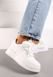 Białe Sneakersy na Podeszwie z Ozdobną Wstawką i Szerokimi Sznurówkami Linnae. Białe obuwie sportowe damskie Born2be, z materiału, bez zapięcia. Za 89.99 zł.
