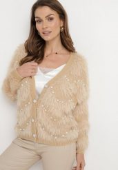 Beżowy Puchaty Kardigan w Cyrkonie i Perły Alarena. Brązowe kardigany damskie Born2be, z aplikacjami, z dzianiny. Za 229.99 zł.
