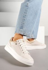 Jasnobeżowe Sneakersy w Stylu Tenisówek na Grubej Podeszwie Zdobione Perforacją Marailia. Brązowe obuwie sportowe damskie Born2be, bez zapięcia, tenisowe. Za 119.99 zł.