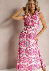 Różowa Rozkloszowana Sukienka z Ozdobnymi Naszyciami na Dekolcie w Abstrakcyjni Print Flubia. Czerwone sukienki damskie Renee, z aplikacjami, eleganckie, bez ramiączek. W wyprzedaży za 41.99 zł.