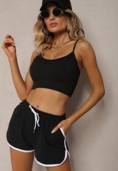 Czarne Szorty Dresowe z Dodatkiem Bawełny High Waist Wykończone Lamówką Mivorina. Czarne spodenki sportowe damskie Renee, l, bez wzorów, z bawełny, z podwyższonym stanem. Za 29.99 zł.
