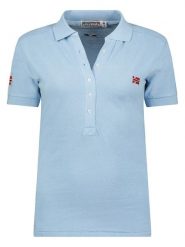 Geographical Norway Koszulka polo "Kely" w kolorze błękitnym rozmiar: L. Niebieskie bluzki damskie Geographical Norway, l, bez wzorów, z bawełny, bez kołnierzyka, bez ramiączek. Za 83.42 zł.
