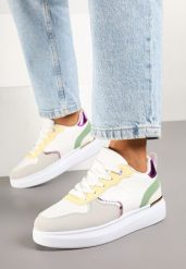 Biało-Zielone Sneakersy Ozdobione Metalicznymi Wstawkami Delarila. Białe obuwie sportowe damskie Born2be, na lato, z jeansu, bez zapięcia. Za 99.99 zł.