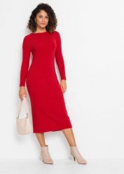 Sukienka dzianinowa z mieszanki wiskozy. Czerwone sukienki damskie bonprix, bez wzorów, z dzianiny, bez ramiączek. Za 122.99 zł.