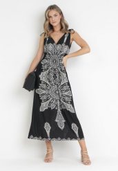 Czarna Sukienka w Stylu Boho z Gumką w Talii i Sznurkami przy Ramionach Niree. Czarne sukienki damskie Born2be, bez wzorów, boho, bez ramiączek. Za 99.99 zł.