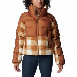 Kurtka Turystyczna Puchowa Damska Columbia Leadbetter Point Sherpa Hybrid. Brązowe kurtki damskie Columbia, l, bez wzorów, z puchu, bez kaptura. W wyprzedaży za 496.60 zł.