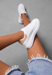 Biało-Beżowe Sneakersy na Niskiej Platformie w Klasycznym Stylu Lucid Dream. Białe obuwie sportowe damskie Renee, z jeansu, bez zapięcia. Za 64.99 zł.