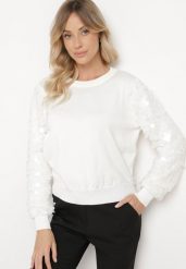 Biały Sweter z Wiskozą o Klasycznym Kroju z Cekinowymi Rękawami Evandreth. Białe swetry klasyczne damskie Born2be, z jeansu, bez kołnierzyka. Za 119.99 zł.