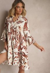Brązowa Rozkloszowana Sukienka z Wiskozy z Falbanami z Motywem Roślinnym Ridivaria. Brązowe sukienki damskie Renee, bez wzorów, z wiskozy, eleganckie, bez ramiączek. W wyprzedaży za 111.99 zł.