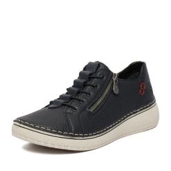 Półbuty Rieker. Niebieskie półbuty damskie Rieker, bez wzorów, bez obcasa, na płaskiej podeszwie, bez zapięcia. Za 399.99 zł.