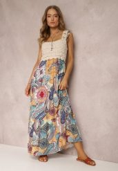 Beżowo-Niebieska Sukienka Grayah. Niebieskie sukienki damskie Renee, z aplikacjami, z tkaniny, boho, bez ramiączek. W wyprzedaży za 68.99 zł.