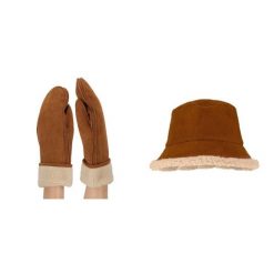 Rękawiczki damskie i kapelusz typu bucket zamsz koniak rozmiar uniwersalny. Brązowe kapelusze damskie SARLINI, bez wzorów, z materiału, eleganckie. Za 197.80 zł.
