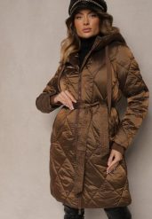 Brązowa Długa Kurtka o Pikowanym Wykończeniu Wiązana w Talii z Kapturem Parinka. Brązowe kurtki damskie Renee, l, bez wzorów, z kapturem. Za 259.99 zł.