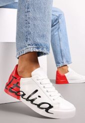 Biało-Czerwone Sneakersy z Ozdobnym Nadrukiem Arenthea. Białe obuwie sportowe damskie Renee, bez zapięcia. Za 44.99 zł.