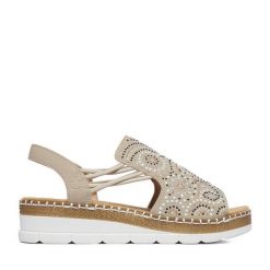 Sandały Rieker. Brązowe sandały damskie Rieker, bez wzorów, bez obcasa, na koturnie, bez zapięcia. Za 329.99 zł.