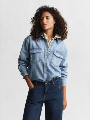 Gant Damska koszula dżinsowa Kobiety Bawełna niebieski jednolity, 38. Niebieskie koszule damskie Gant, bez wzorów, z bawełny, bez kołnierzyka, bez ramiączek. Za 749.95 zł.