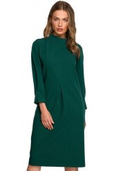 Sukienka elegancka pudełkowa z dekoracyjnymi zaszewkami zielona. Zielone sukienki damskie Stylove, bez wzorów, biznesowe, bez ramiączek. Za 359.00 zł.