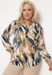 Beżowo-Żółta Bluzka w Abstrakcyjny Wzór z Podpinanymi Rękawami Xaliana. Brązowe bluzki damskie Born2be, plus size, bez wzorów, bez kołnierzyka, plus size, bez ramiączek. Za 69.99 zł.