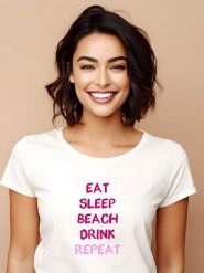 WOOOP Koszulka "Eat sleep beach drink repeat" w kolorze biało-jasnoróżowym rozmiar: L. Białe bluzki damskie Wooop, l, bez wzorów, z bawełny, bez kołnierzyka, bez ramiączek. Za 65.85 zł.