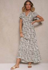 Biało-Zielona Kopertowa Sukienka z Ozdobną Falbanką w Kwiatowy Print Velmoi. Zielone sukienki damskie Renee, bez wzorów, eleganckie, bez ramiączek. W wyprzedaży za 63.99 zł.