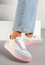 Różowo-Niebieskie Sneakersy w Stylu Tenisówek z Geometrycznymi Paskami Falenira. Czerwone obuwie sportowe damskie Born2be, z jeansu, bez zapięcia, tenisowe. Za 99.99 zł.