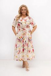 Sukienka midi lniano-bawełniana w kwiaty Florka z paskiem | PLUS SIZE OVERSIZE. Czerwone sukienki damskie Moda Size Plus Iwanek, bez wzorów, z bawełny, biznesowe, bez ramiączek. W wyprzedaży za 305.90 zł.