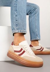 Beżowo-Bordowe Sneakersy Typu Kultowe Tenisówki na Niskiej Platformie Olritia. Brązowe obuwie sportowe damskie Renee, bez wzorów, z materiału, bez zapięcia. Za 79.99 zł.