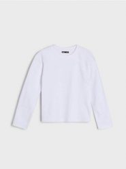 Bawełniana koszulka z gęstego splotu Interlock - biały. Białe koszulki damskie Sinsay, l, bez wzorów, z bawełny, bez kołnierzyka, bez ramiączek. Za 29.99 zł.