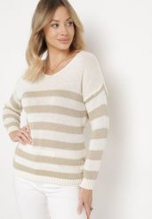 Jasnobeżowy Sweter w Paski z Trójkątnym Dekoltem i Długim Rękawem Oviunna. Brązowe swetry klasyczne damskie Born2be, z jeansu, bez kołnierzyka. Za 69.99 zł.