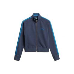 Kurtka dresowa z logo dla kobiet Superdry Essential. Niebieskie kurtki damskie Superdry, bez wzorów, z dresówki, bez kaptura. Za 309.40 zł.