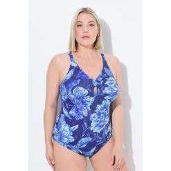 Damski Kostium kąpielowy kwiaty miękkie miseczki ozdobny węzeł. Niebieskie stroje jednoczęściowe Ulla Popken, bez wzorów, z elastanu. Za 244.99 zł.
