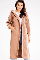 Niezapinana Długa Bluza z Kapturem - Beżowa. Brązowe bluzy damskie Awama, l, bez wzorów, z bawełny, z kapturem. Za 228.90 zł.