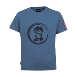 Koszulka funkcyjna "Trollfjord" w kolorze szaroniebieskim. Niebieskie t-shirty i koszulki chłopięce Trollkids, z nadrukiem, z materiału, z okrągłym kołnierzem. W wyprzedaży za 42.95 zł.