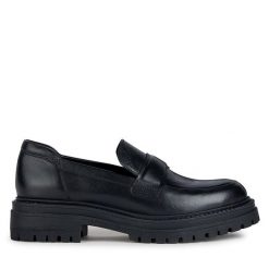 Lordsy Geox. Czarne półbuty damskie Geox, bez wzorów, bez obcasa, bez zapięcia. Za 279.99 zł.