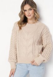 Beżowy Sweter z Bawełną i Wełną z Warkoczykowym Splotem Venqille. Brązowe swetry klasyczne damskie Born2be, m, z bawełny, bez kołnierzyka. Za 89.99 zł.