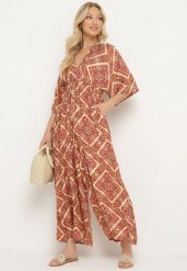 Różowo-Żółty Kombinezon Boho z Gumką w Talii Wiązany na Plecach z Szerokimi Nogawkami Rodolia. Czerwone sukienki damskie Born2be, bez wzorów, boho, bez ramiączek. Za 119.99 zł.