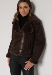 Brązowa Kurtka Biker z Imitacji Zamszu z Futrzanymi Mankietami i Kołnierzem Awedine. Brązowe kurtki damskie Born2be, na zimę, m, bez wzorów, z futra, bez kaptura. Za 239.99 zł.