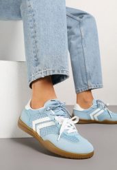 Jasnoniebieskie Sneakersy Tenisówki z Geometrycznym Motywem Telanilia. Niebieskie obuwie sportowe damskie Born2be, z jeansu, bez zapięcia, tenisowe. Za 99.99 zł.